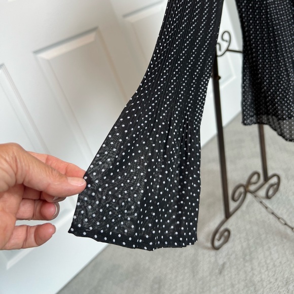 Elegant black with white dots, ruffle front V neck button down blouse - Picture 4 of 6